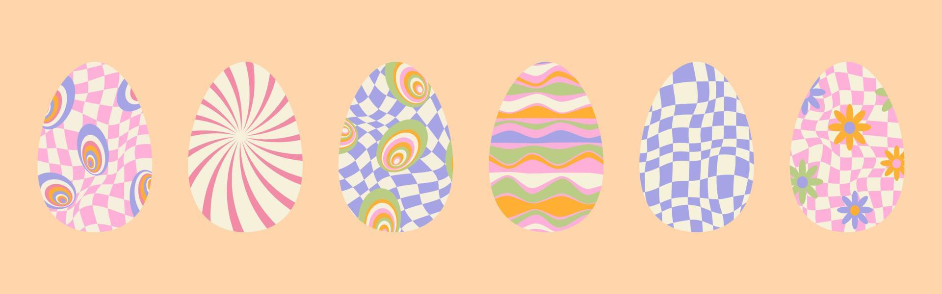Groovy Easter eggs Twisted and distorted vector texture in trendy retro psychedelic style. Funky hippie 70s backgrounds. Y2k aesthetic. Set of easter eggs in Colorful optical illusion