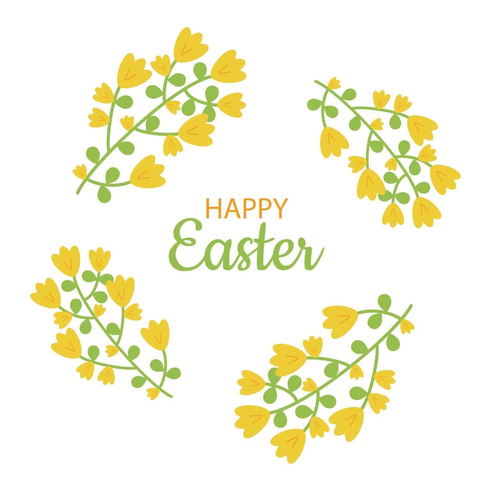 Decorative floral frame for inscriptions. Copy Space. Botanical elements, floral decorations. Border of thin twigs with yellow flowers. Postcard, greeting card for Easter. Vector illustration