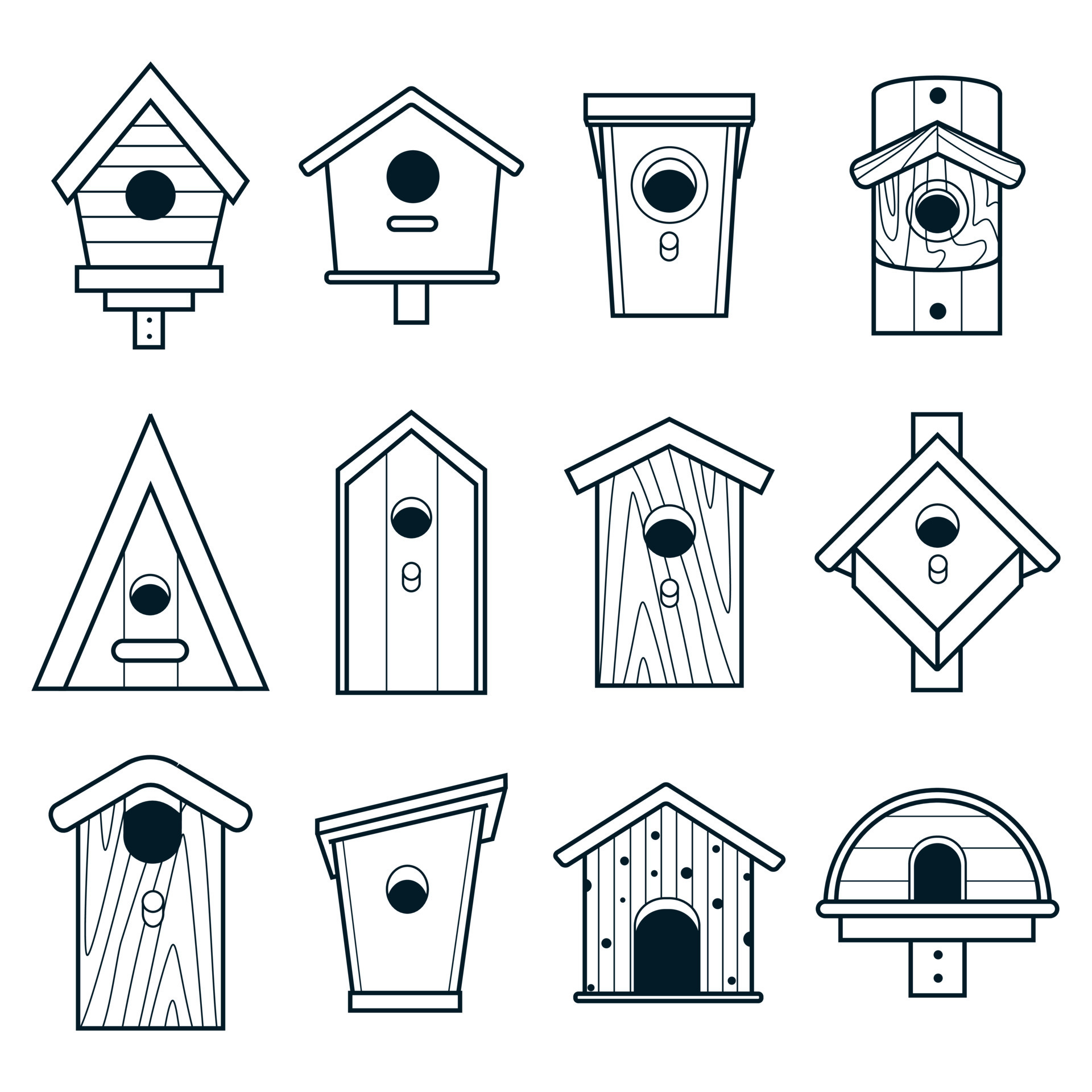Simple black and white icons of wooden birdhouses. Large, big set of
