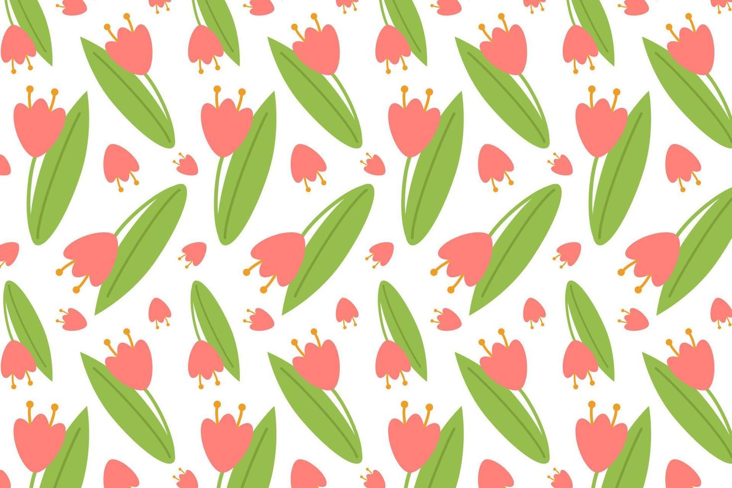 Seamless pattern of red tulips on green stem with leaves isolated on white background. Floral print for posters, cards, clothes, nursery. Decoration of flower shops. Vector illustration. Cartoon style