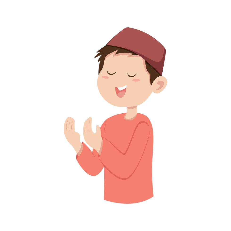 Muslim boy praying. Islam children kids cartoon character. Flat vector illustration.