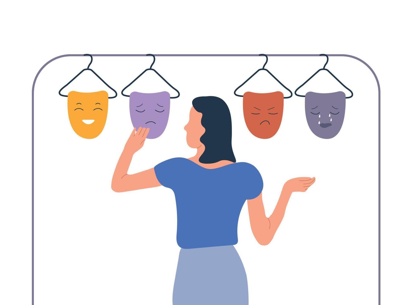 A person with a split personality. The girl chooses an emotion, a mood. Bipolar day or world bipolar day. Vector flat illustration.