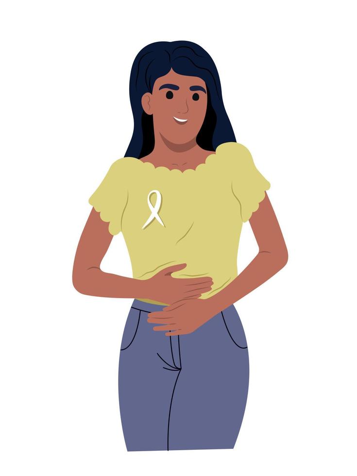 un joven sonriente niña es participación su estómago con su manos. endometriosis conciencia cinta. un africano americano mujer y un símbolo de De las mujeres salud. mundo endometriosis conciencia día. vector