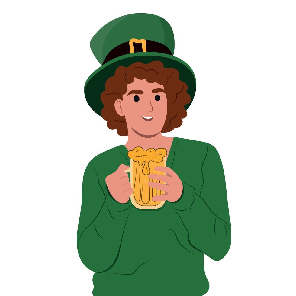 Happy St. Patricks Day. Young happy Irish man celebrating St. Patricks Day and holding a mug of beer in her hands. Vector flat illustration isolated on white.