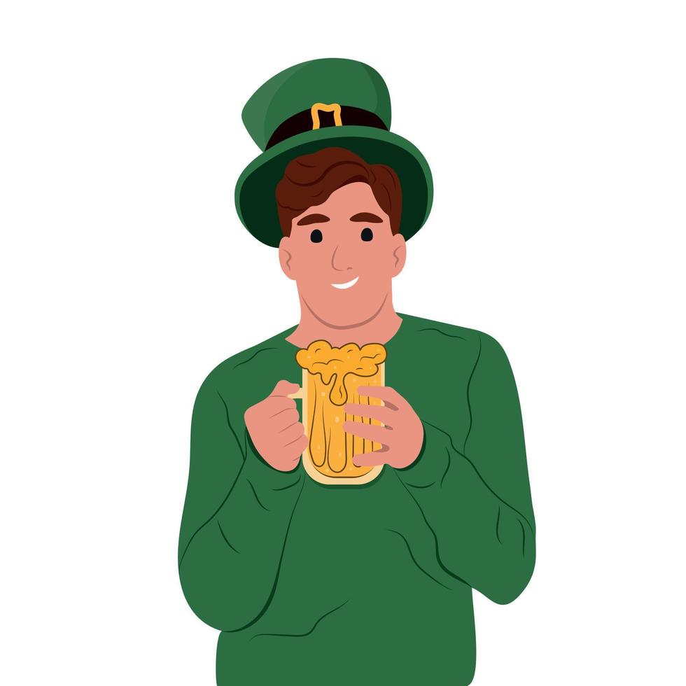 Happy St. Patricks Day. Young happy Irish man celebrating St. Patricks Day and holding a mug of beer in her hands. Vector flat illustration isolated on white.