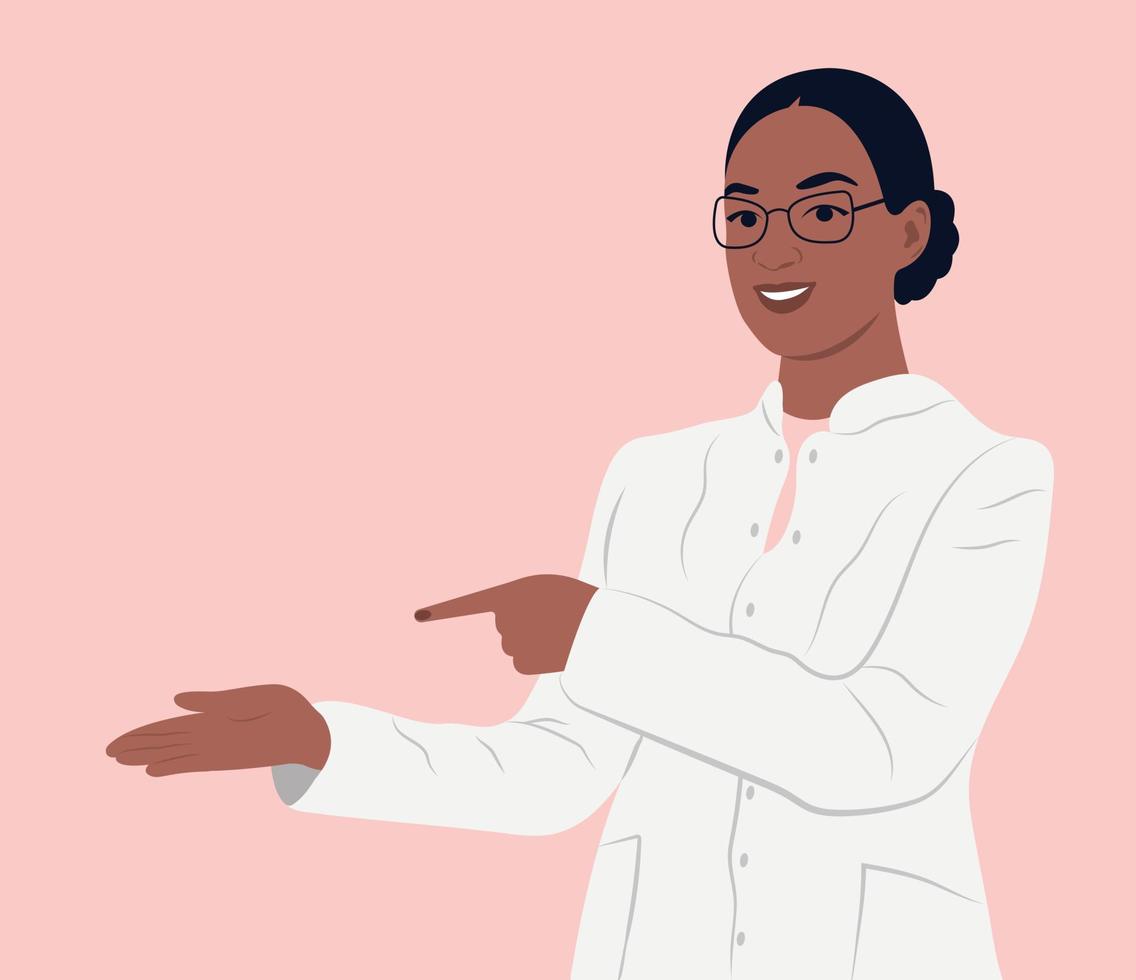 Black female doctor in medical uniform pointing and showing smth with hand. Vector flat illustration