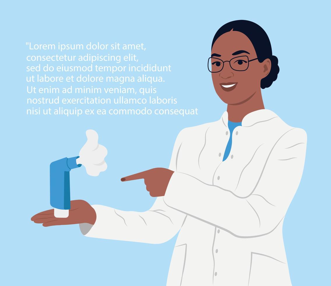 Black female doctor in medical uniform pointing and showing inhaler with hand. Vector flat illustration.