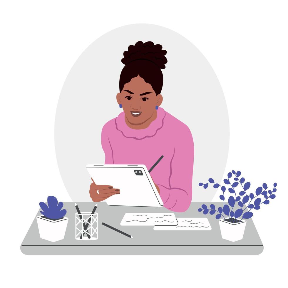 A young smiling African American woman is working on a tablet. An accountant works in finance. A beautiful business lady is working at the office desk. vector