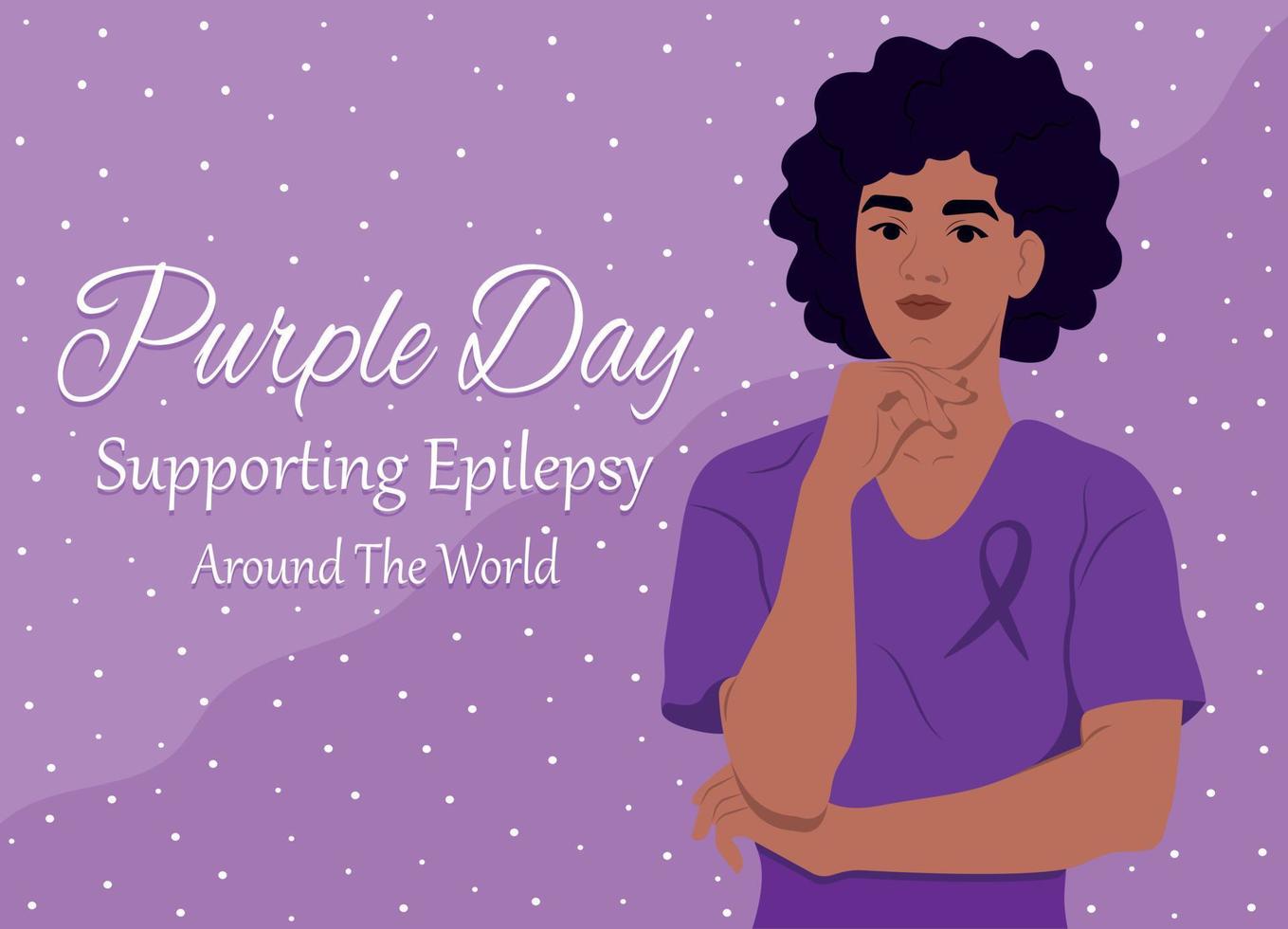 africano americano mujer y símbolo de salud. púrpura día a untado información acerca de apoyo para epilepsia. epilepsia apoyo. alrededor el mundo. epilepsia conciencia cinta. vector plano ilustración.