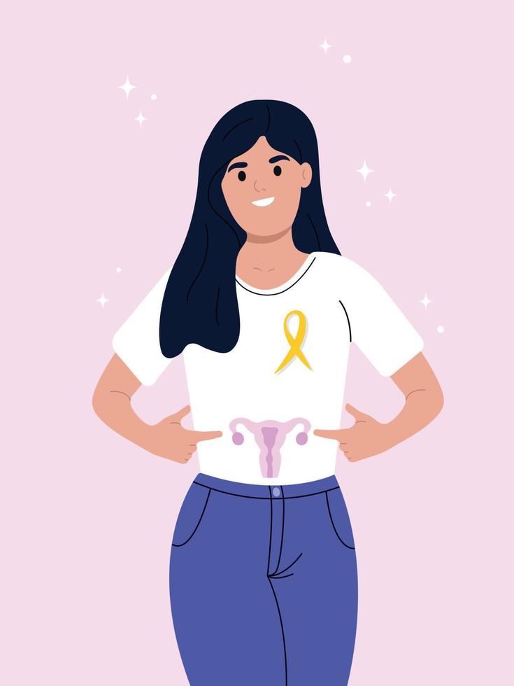 joven sonriente niña puntos a el hembra reproductivo órgano.endometriosis conciencia cinta. un mujer y un símbolo de De las mujeres salud. mundo endometriosis conciencia día. vector