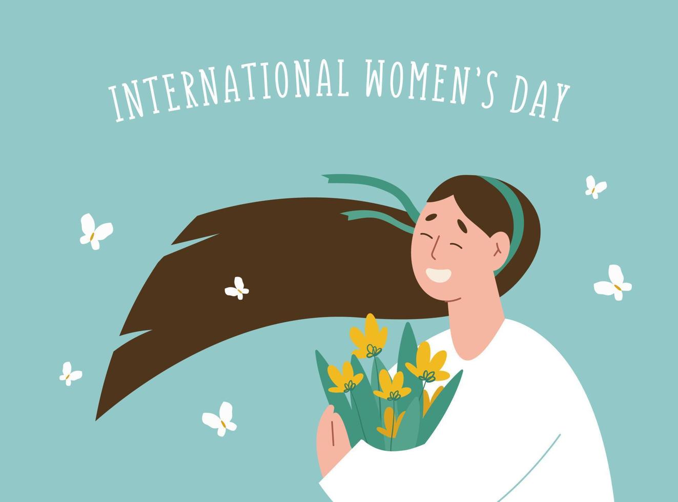 International women day illustration of a woman holding flowers and butterflies flying around her. vector