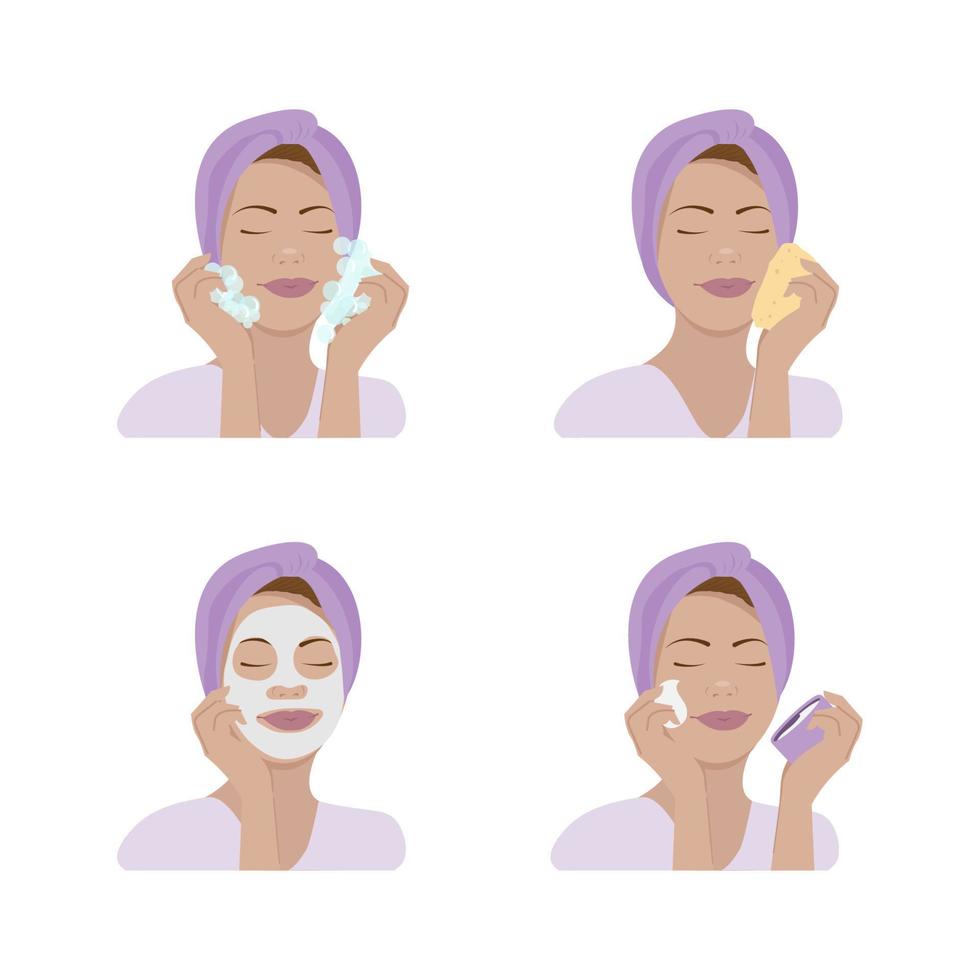 conjunto de 4 4 caracteres para belleza y piel cuidado concepto. joven mujer Lavado rostro, hidratante, aplicando máscara y crema. vector