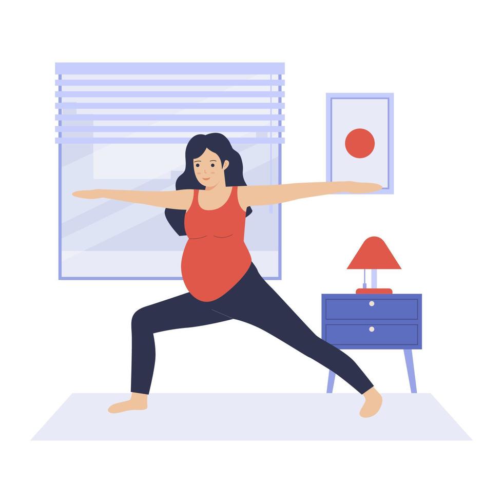 plano diseño de embarazada mujer practicando yoga a hogar vector