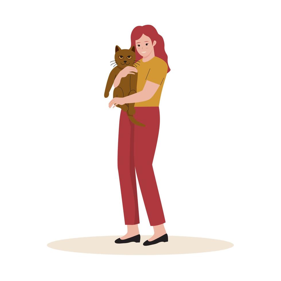 mujer abrazando su mascota gato vector