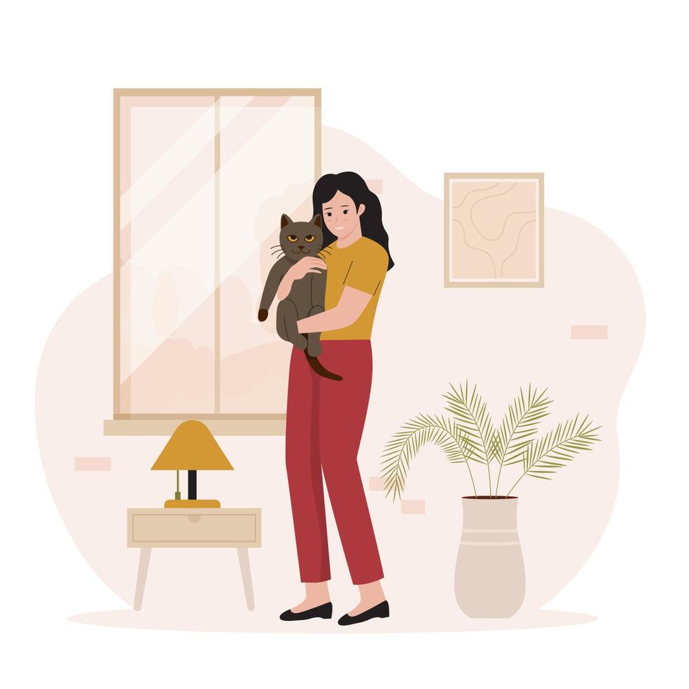 mujer abrazando su mascota gato vector