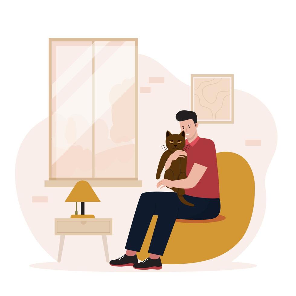 Man hugging her pet cat vector