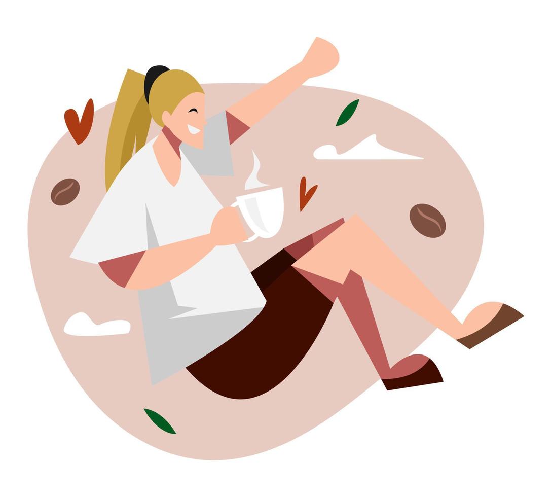 happy woman enjoy and holding a coffee cup. flying, floating in the air. concept of drink, relax, feel free. with coffee, love, leaf, cloud icons. flat vector illustration.