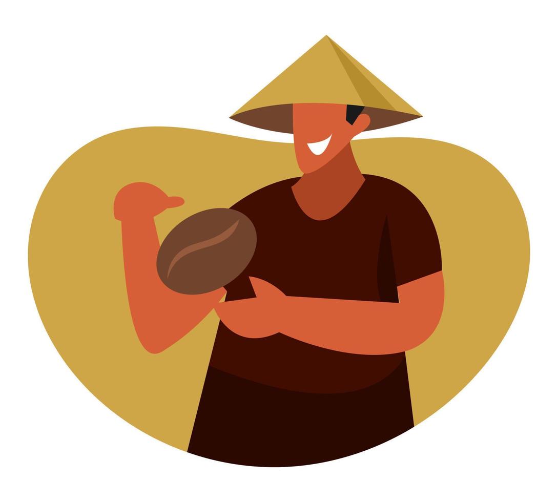 happy coffee farmer holding coffee beans. concept of profession, cafe, plants, people. flat vector graphic design.