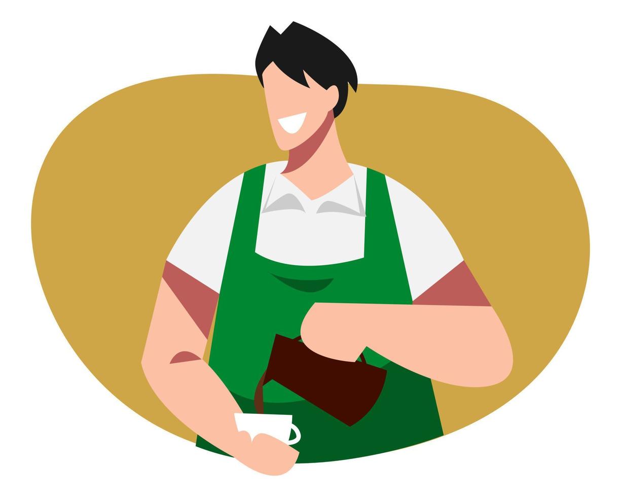 masculino barista haciendo café con contento expresión. cafetería, profesión, gente. plano vector gráfico diseño.