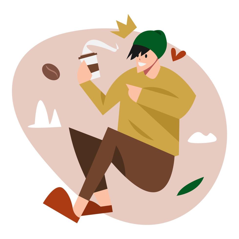 happy man with beanie enjoying coffee in cup. flying, floating in the air. concept of drink, relax, feel free. with coffee, love, leaf, cloud icons. flat vector illustration.