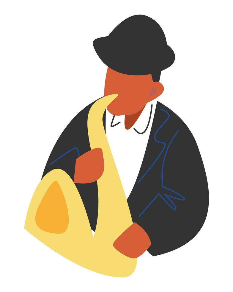 african american man with hat playing saxophone. concept of music, jazz, performance, stage. flat vector graphic design.