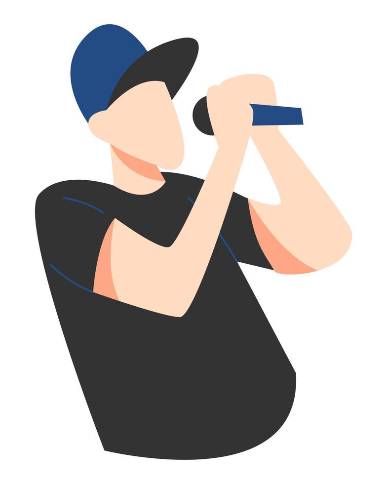 rapero vistiendo sombrero, canto en micrófono. concepto de concierto, música, hip hop entretenimiento industria. plano vector. vector