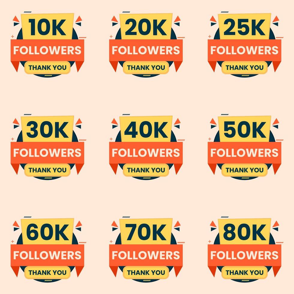 thank you followers celebration banner design vector 10k to 90k followers label set