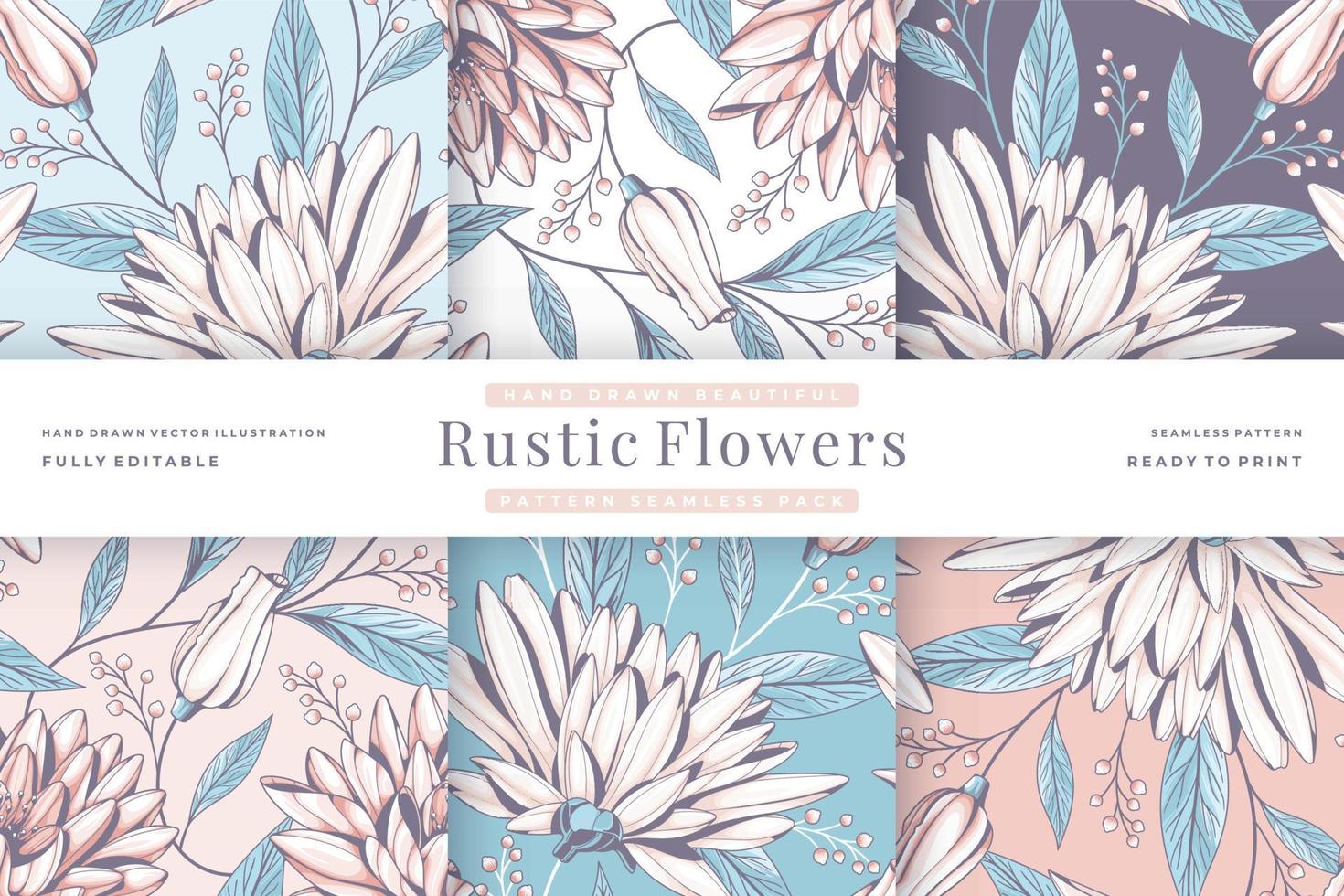 hand drawn beautiful rustic flowers pattern seamless pack vector