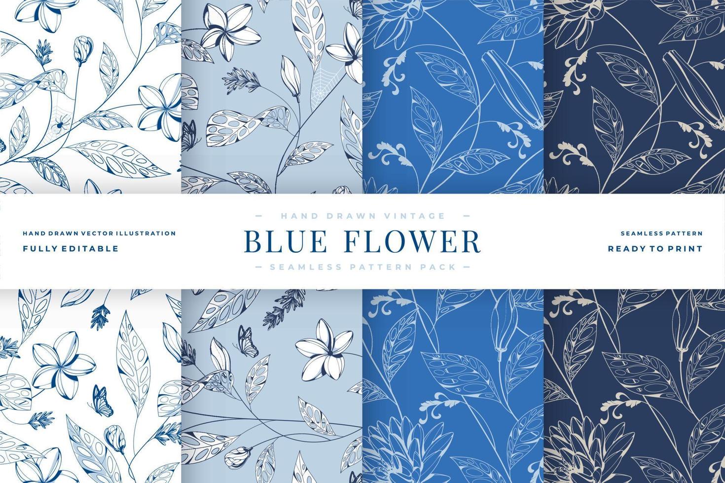 hand drawn vintage blue flower seamless pattern pack vector