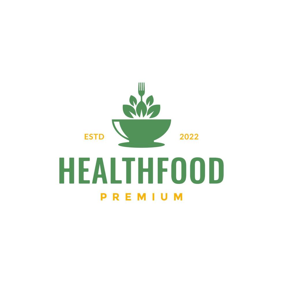 vegan food bowl leaves vegetable fork green hipster logo design vector icon illustration