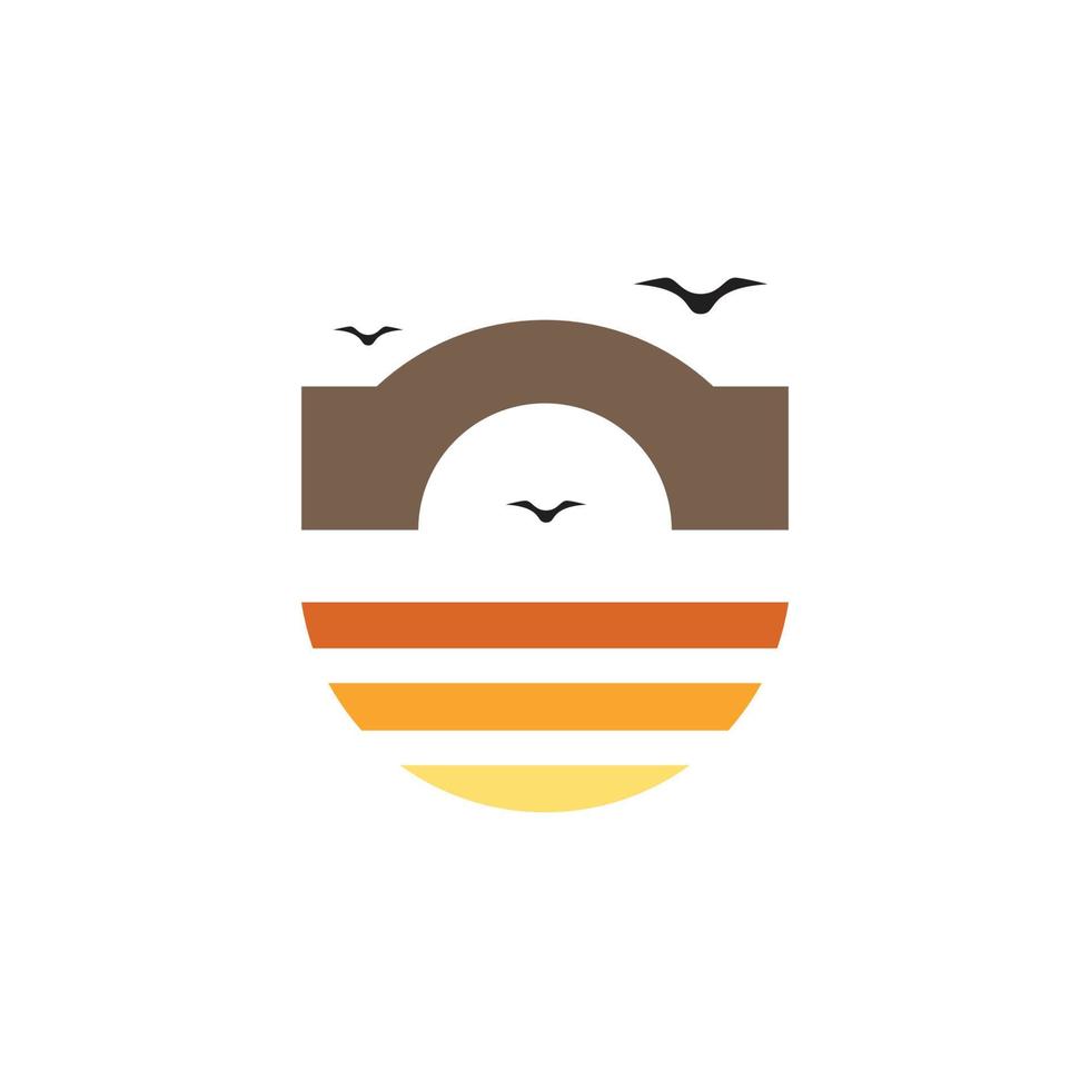 puente río puesta de sol pájaro colonia vistoso logo diseño vector icono ilustración