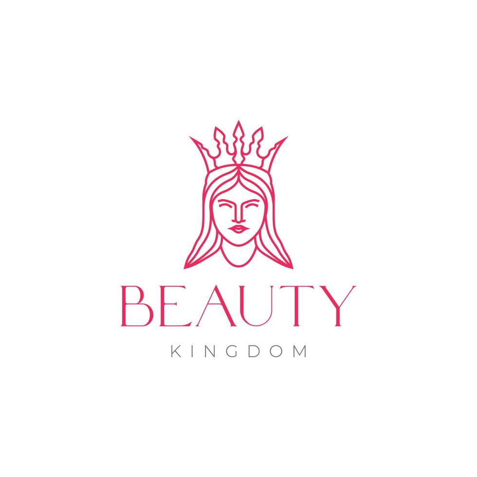 belleza cara princesa hembra largo pelo sonrisa corona Reino líneas logo diseño icono vector ilustración