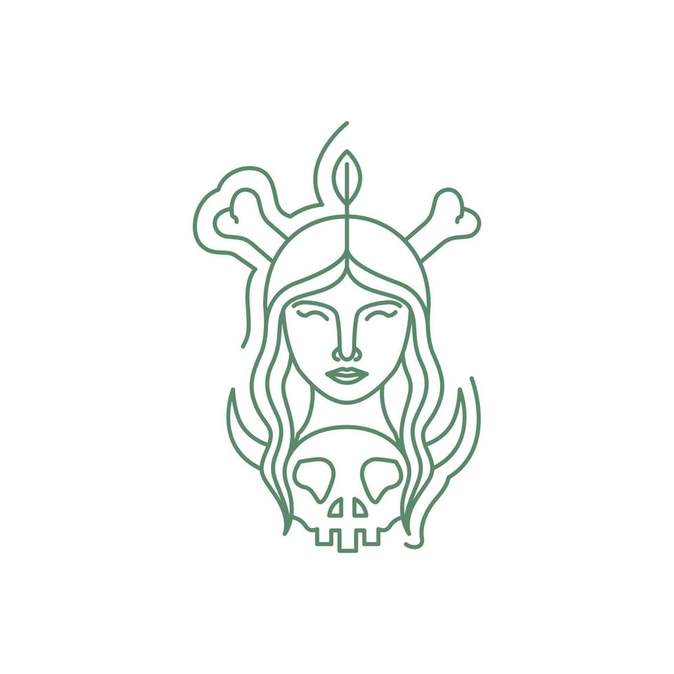 long hair women face with horned skull bones line art illustration minimalist logo design vector