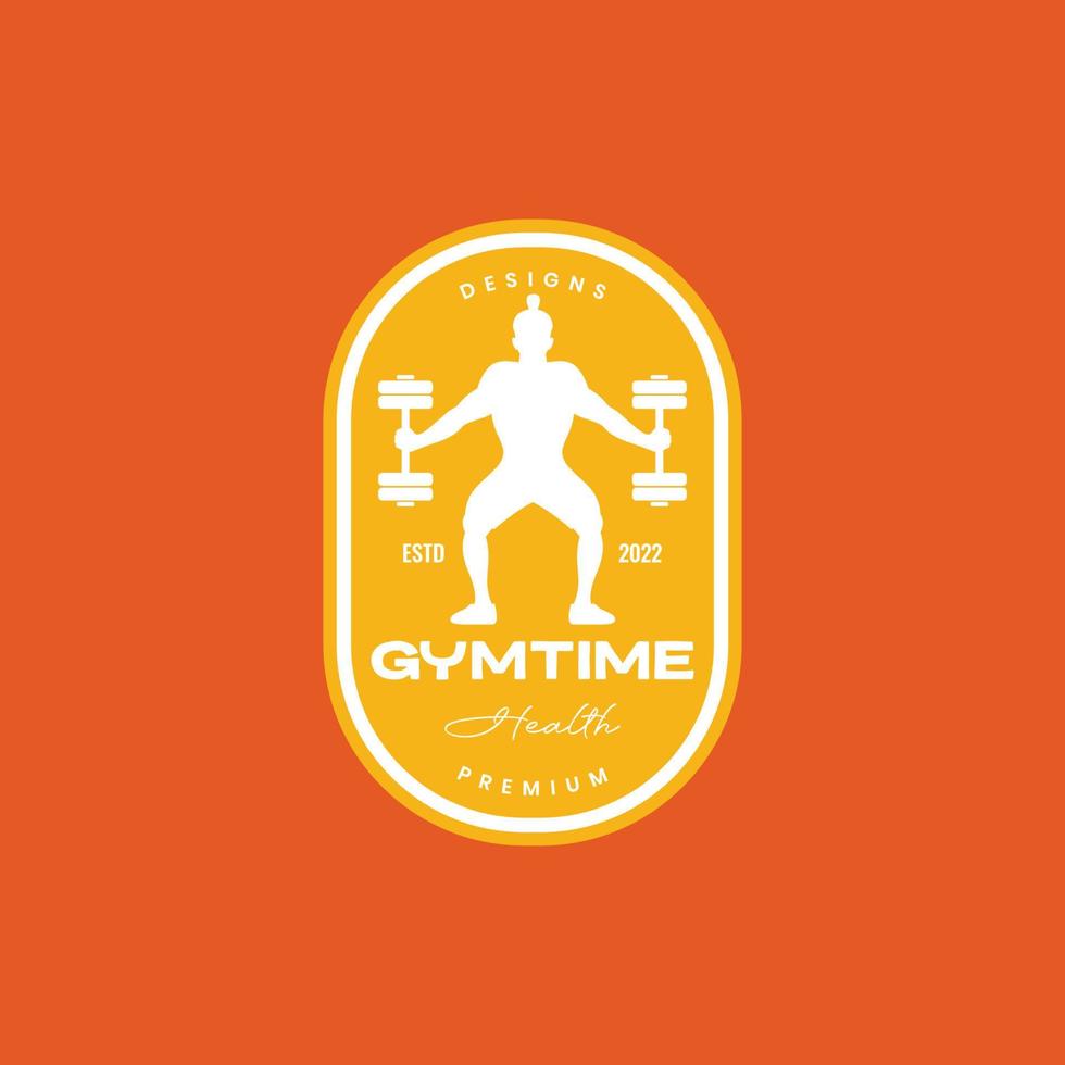 young man strong training fitness gym rubber dumbbell weight vintage badge logo design vector icon illustration