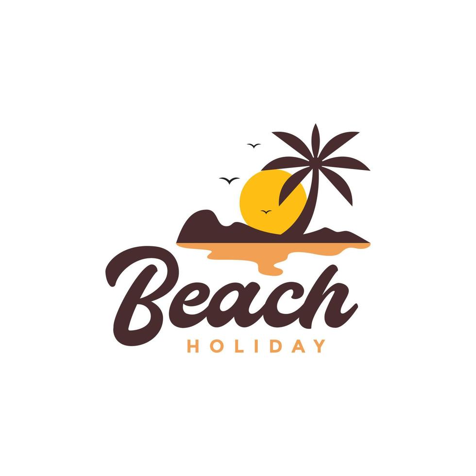 beach sunset with coconut trees flying bird relax holiday vintage colorful logo design vector illustration template