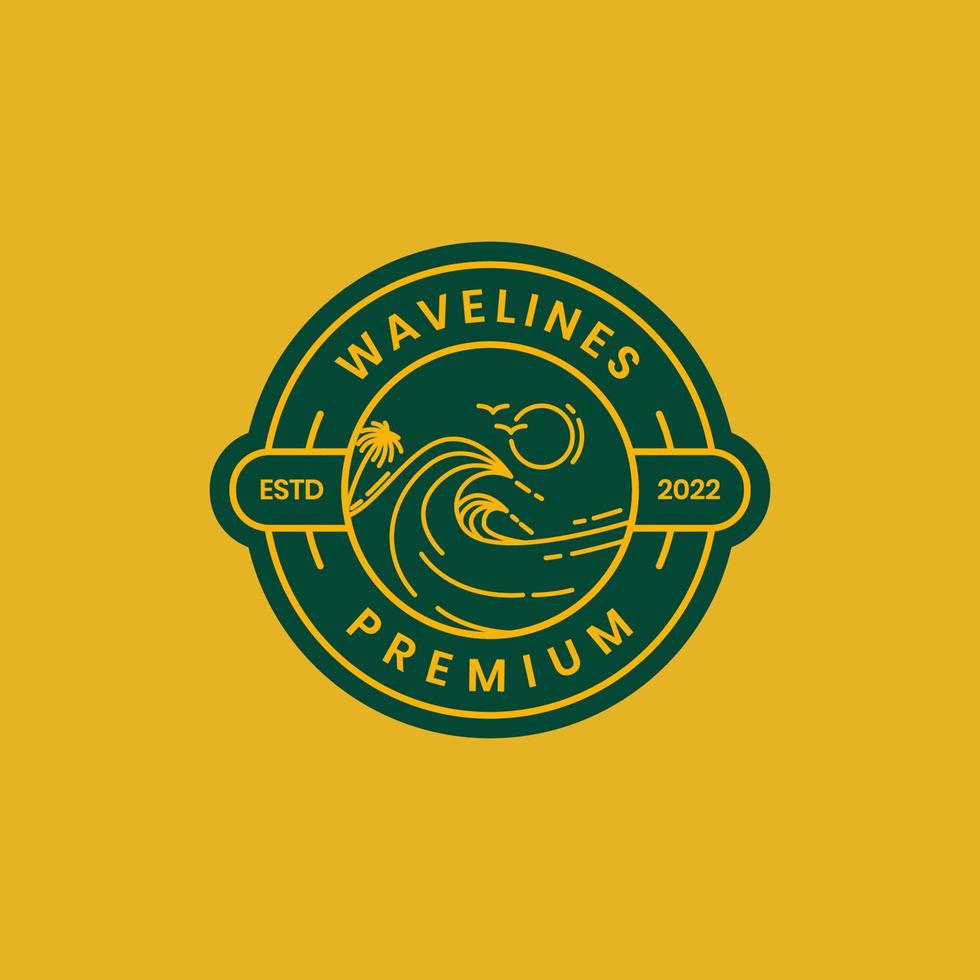 ocean sea water wave coast afternoon sunset bird colony line art badge vintage logo design vector icon illustration