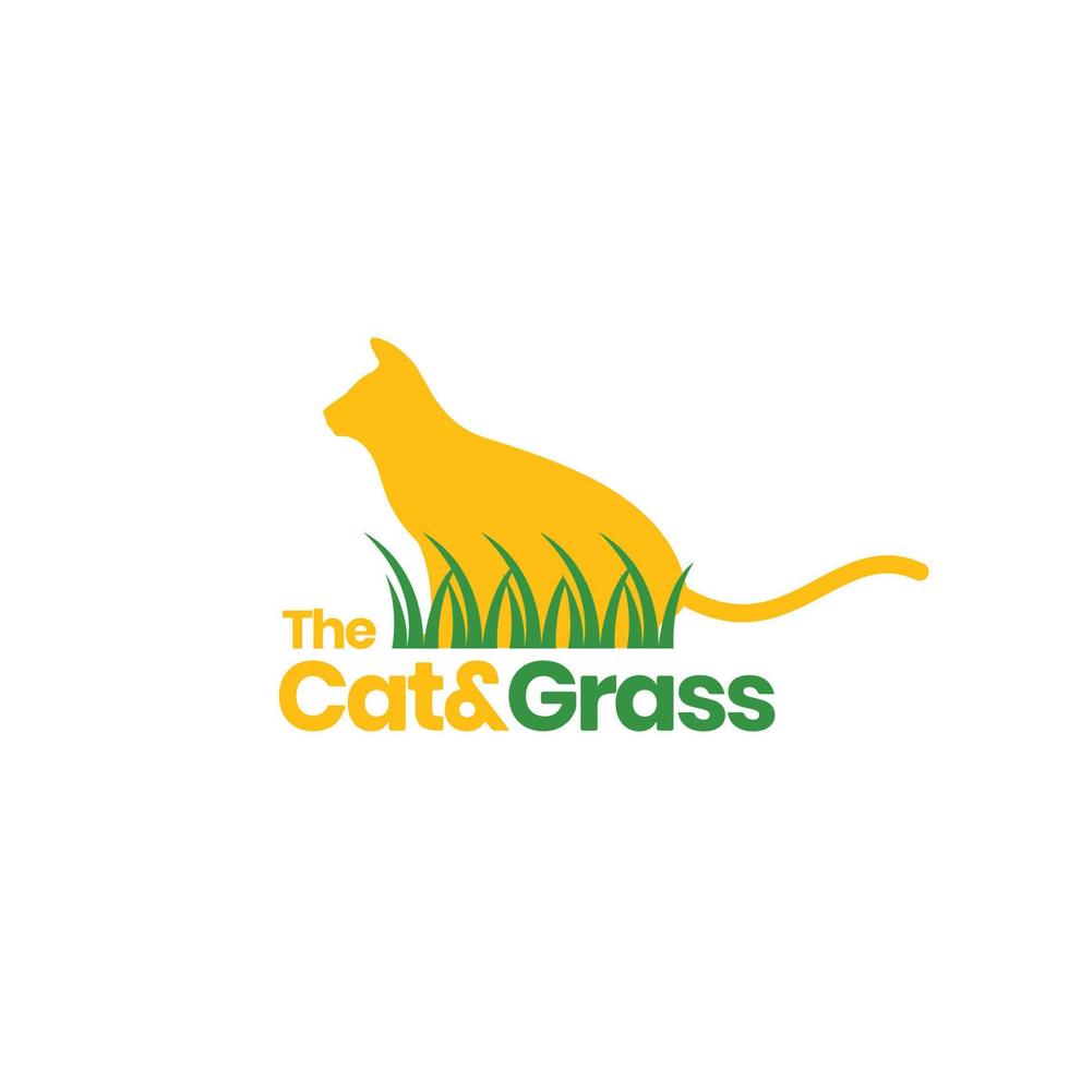 orange cat pets with grass playing colorful logo design vector icon illustration