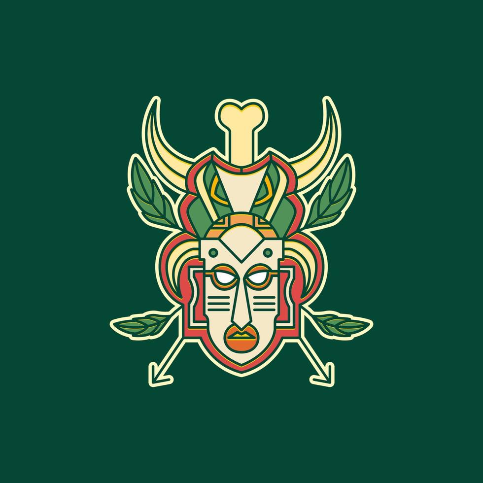 mask tribe culture wood forest nature leaves bones horn arrows colorful badge sticker logo design vector