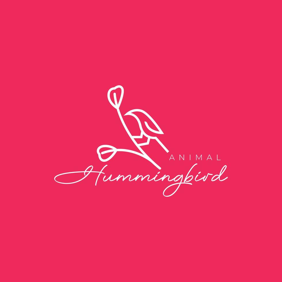 feminine bird hummingbird perched flowers plant line minimal logo design vector