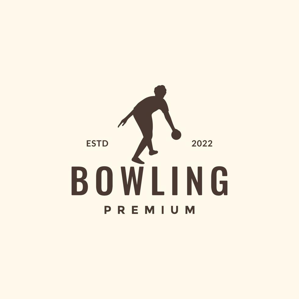 young man playing sport bowling silhouette hipster logo design vector icon illustration