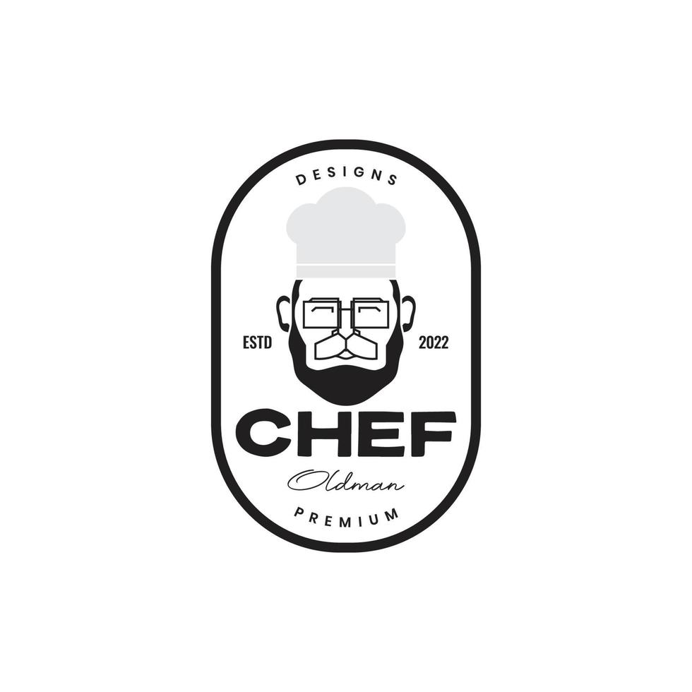 cartoon mascot cute chef master old man bearded sunglasses hat cooking badge minimal logo design vector