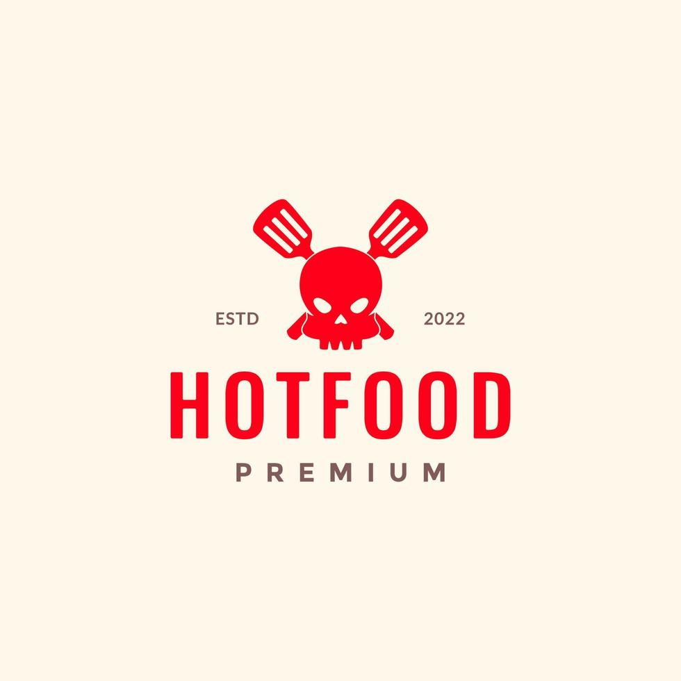 cráneo cráneo con cruzar espátula cocinero restaurante comida picante caliente gusto de colores hipster logo diseño vector icono ilustración