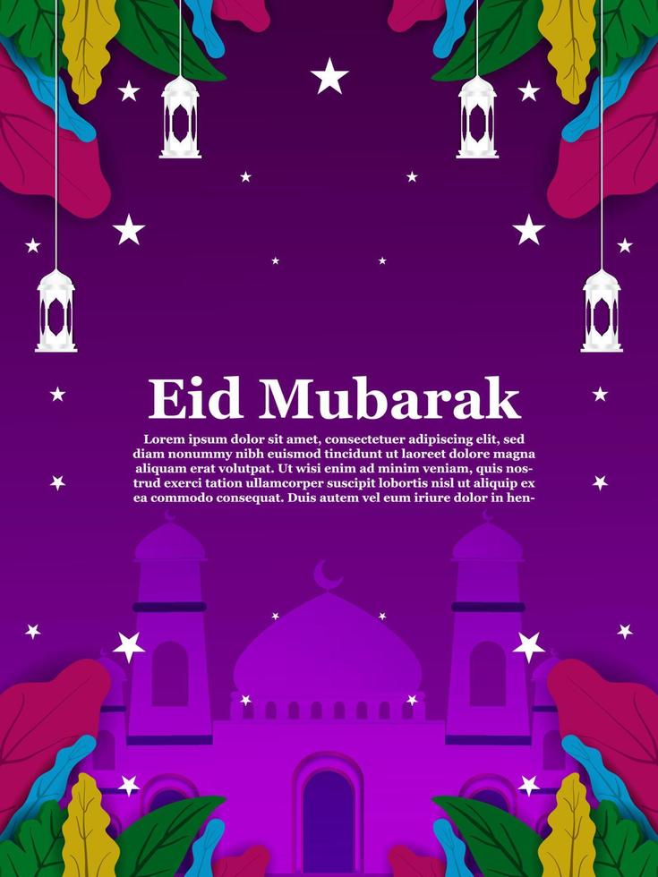 Eid mubarak Poster design in modern and colorful style decorated with leaves, mosque shapes, lanterns and stars, islamic vector design