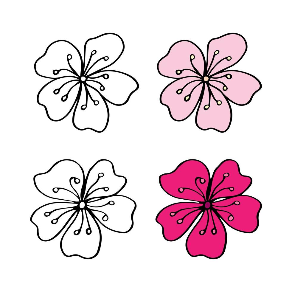 boceto de flores primaverales de membrillo, almendra, ramas de manzano con capullos y flores. Dibujar a mano ilustración vectorial de fideos botánicos en contraste negro con relleno blanco. vector