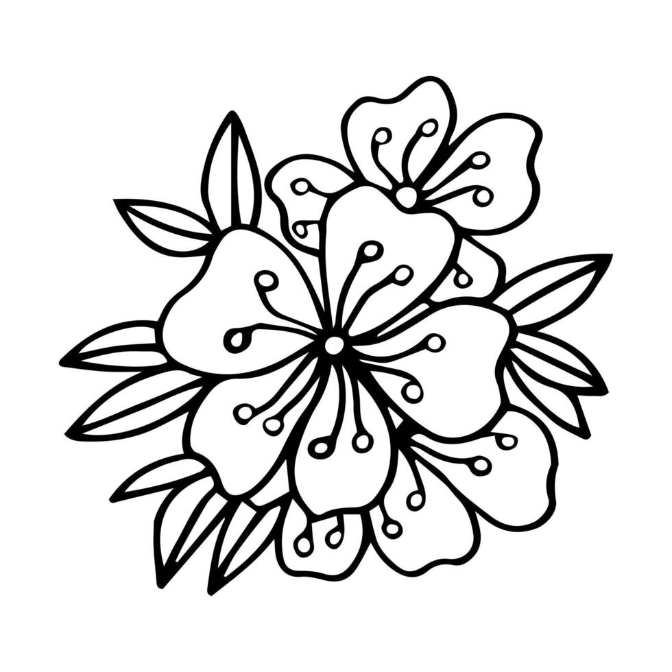 Sketch of spring flowers of quince, almond, apple tree branches with buds and flowers. Hand draw botanical doodle vector illustration in black contrast with white fill.