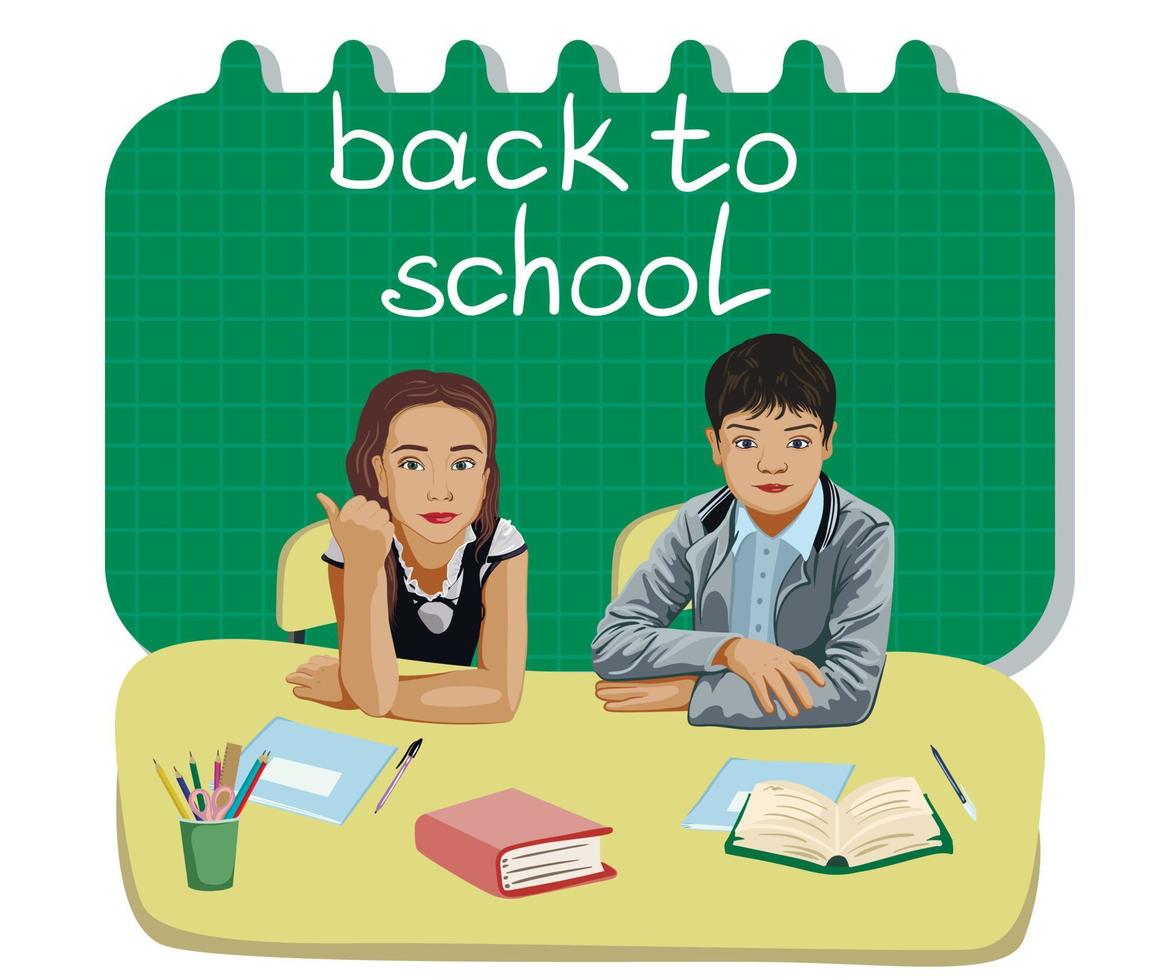 Pupils in school uniform at their desks against the backdrop of a blackboard. Back to school vector