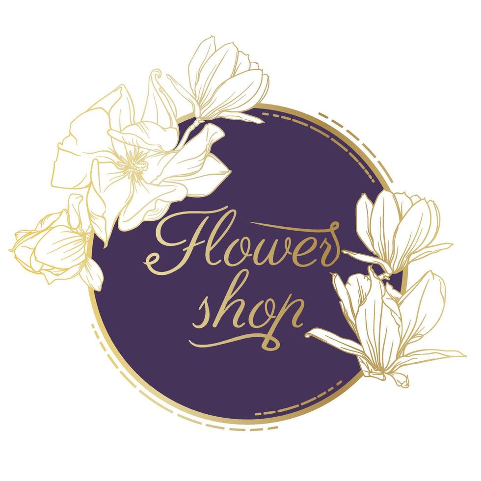 card template, logo idea with floral elements. gold frame with magnolia flowers drawn in gold outline. vector illustration
