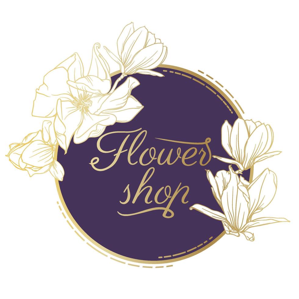 tarjeta plantilla, logo idea con floral elementos. oro marco con magnolia flores dibujado en oro describir. vector ilustración