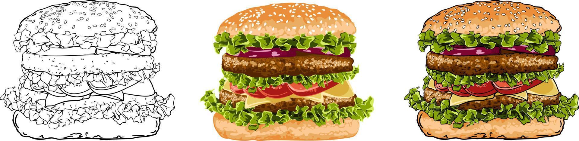 Set of double cutlet hamburgers isolated on transparent background vector