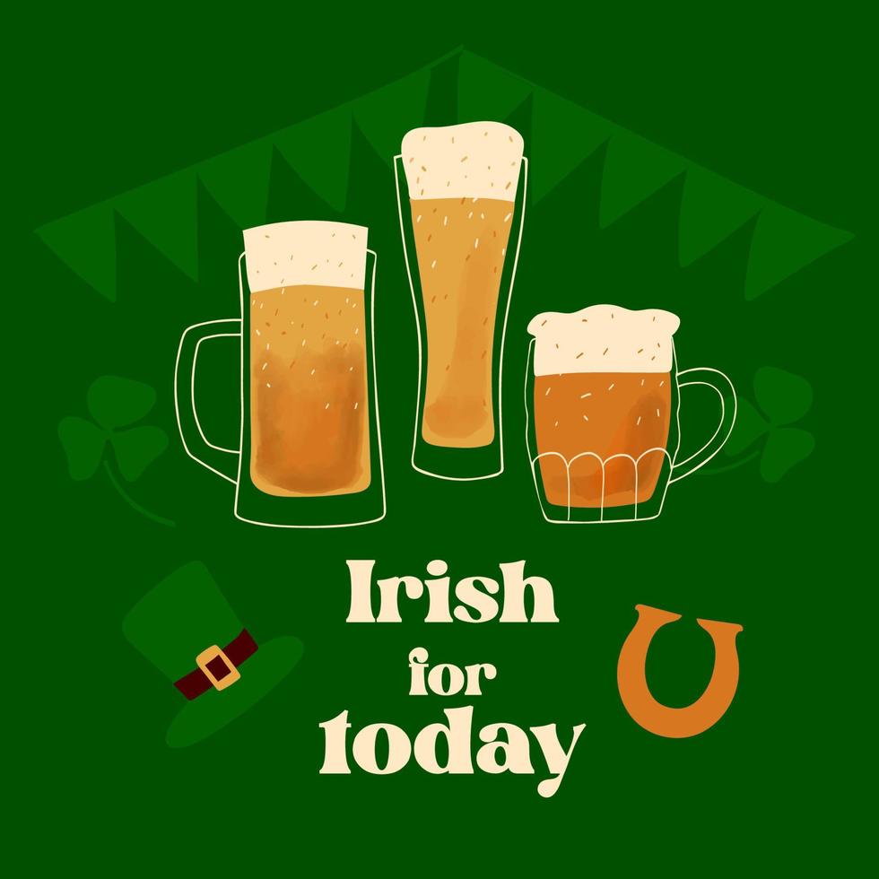 Irish for today text with stylized mug of beer illustration on green background vector